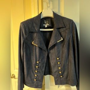 Lena Gabrielle faux suede, blue/black, gold trail, size 14,